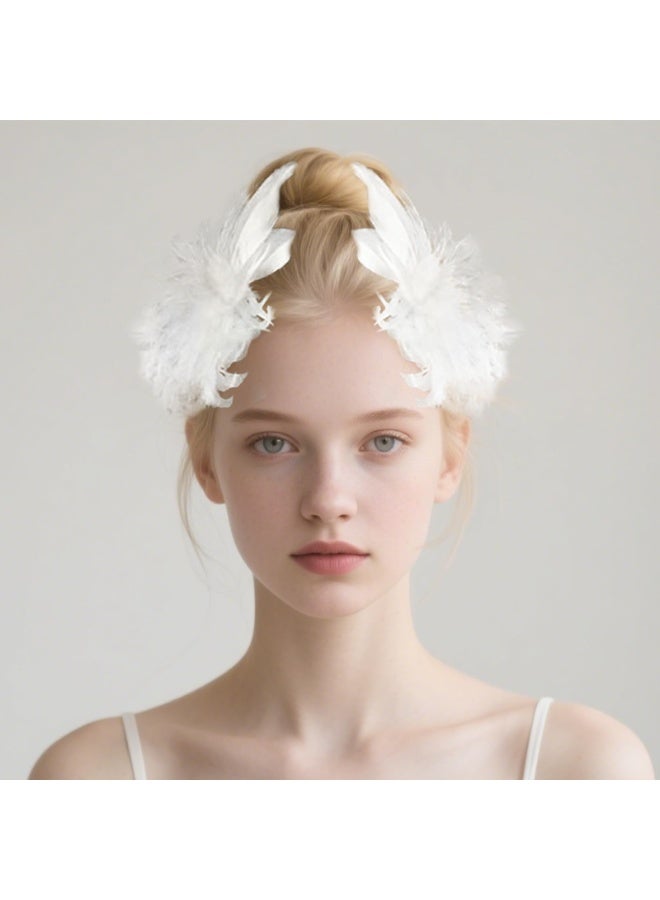 2Pcs White Feather Hair Clips - Ballet Style Artificial Swan & Ostrich Feather with Faux Pearl - Wedding Engagement Birthday Party Stage Accessories for Women - Image 3
